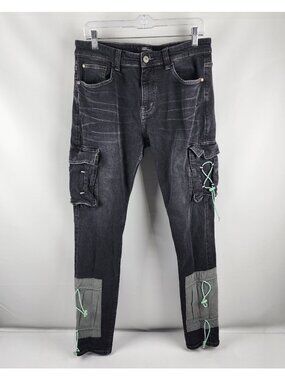 Serenede Jeans Mens 34x32 Black Cyber Cloud Cargo Denim Bungee Cord Pockets
